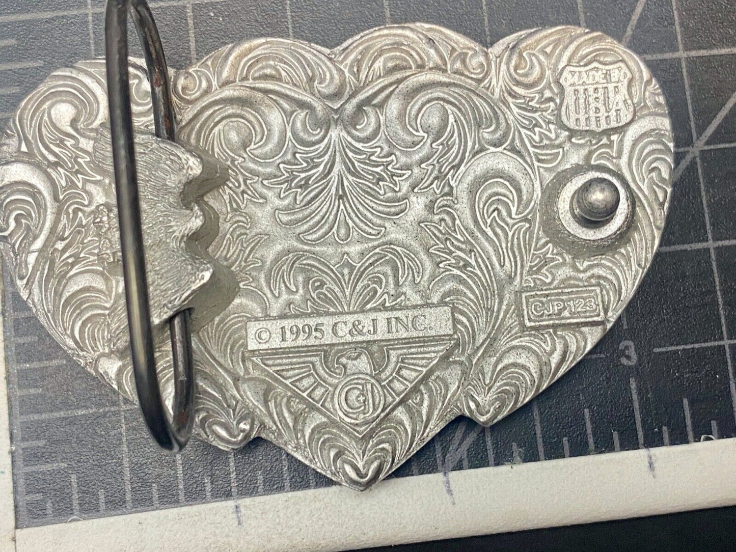 Three Hearts Ornate Flower Swirl / Cut Out Belt Buckle - Vintage 1995 C+J