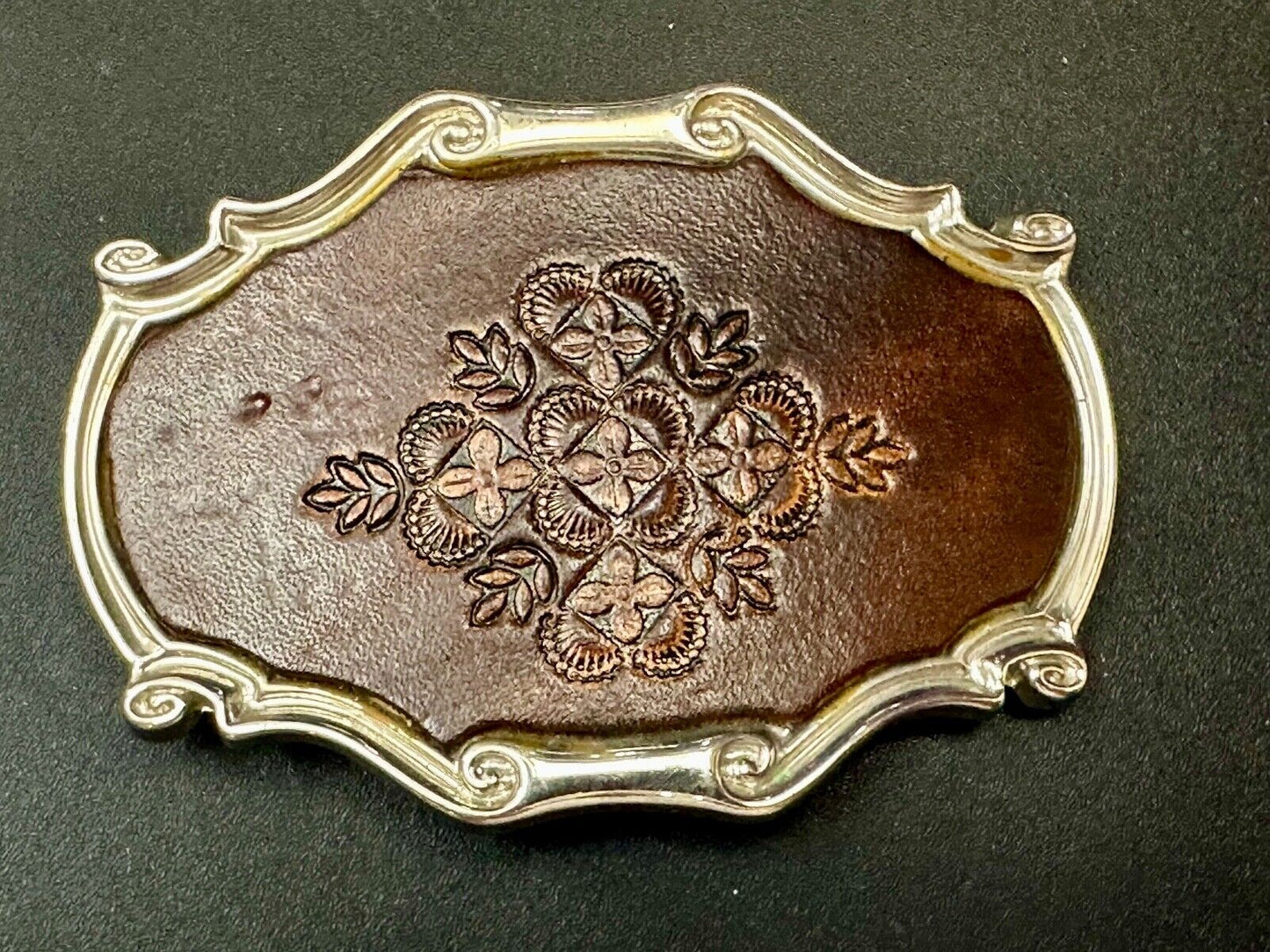 Vintage Brown leather flower pattern belt buckle made in Spain