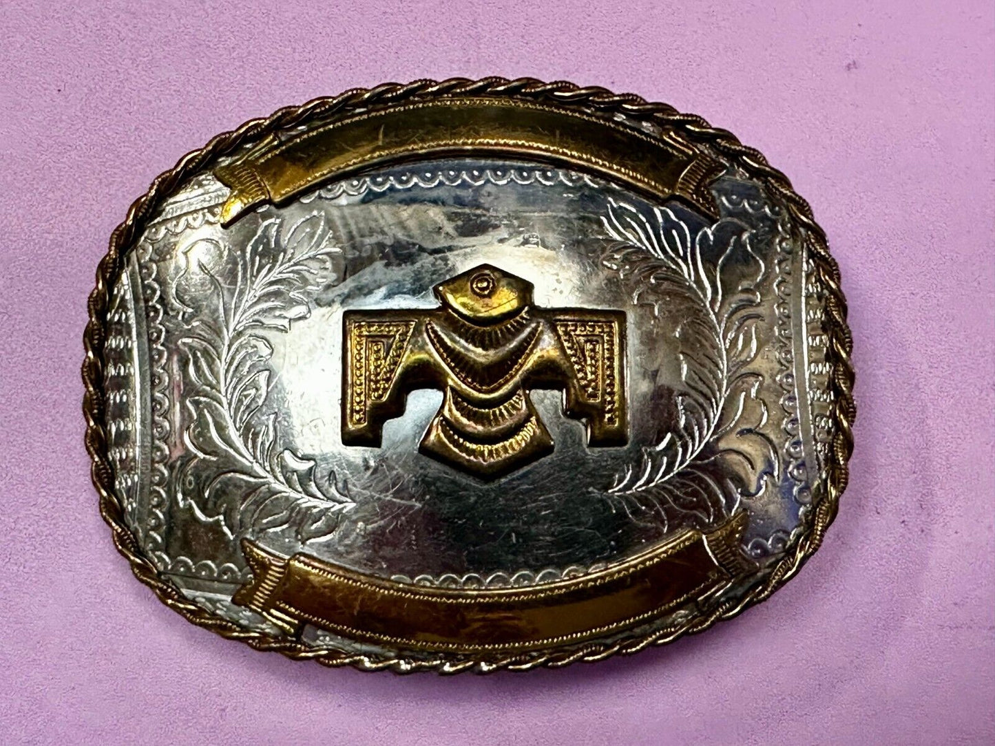 Thunderbird Embalm and Blank Engravable Ribbon Vintage Nickel Silver Belt Buckle