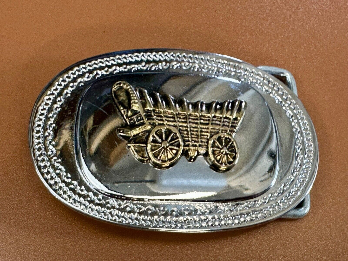 Vintage Covered Wagon - western two tone outlined belt buckle