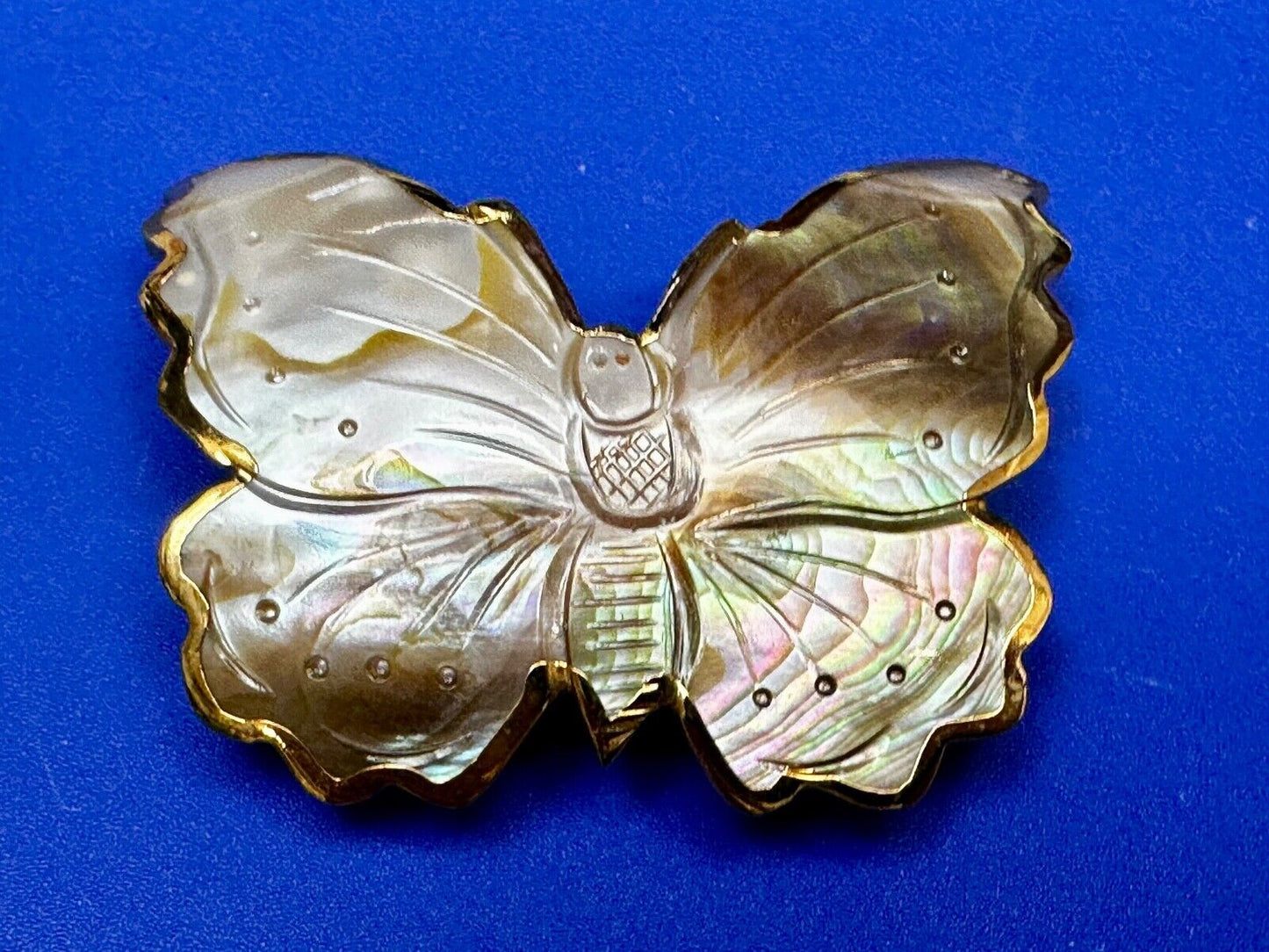 Vintage Butterfly Shaped MOP Mother of Pearl Cutout Gold tone Belt Buckle Slide