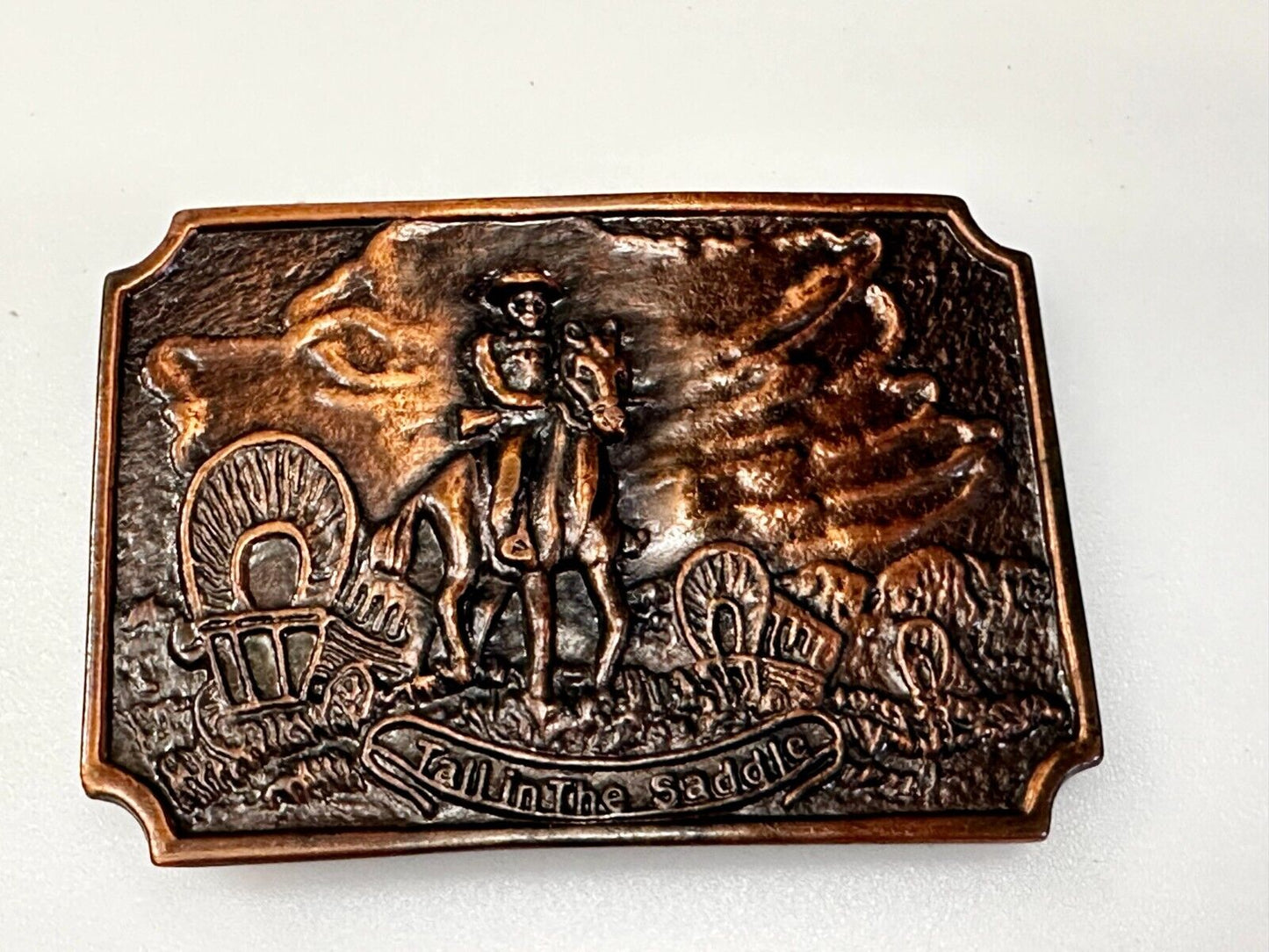 Tall in the Saddle Wagon Cowboy Horse Western Art Scene Vintage Belt Buckle