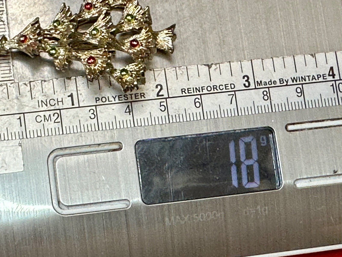 Vintage Christmas Tree & Ornaments Gold Tone Red Green Holiday Brooch Pin