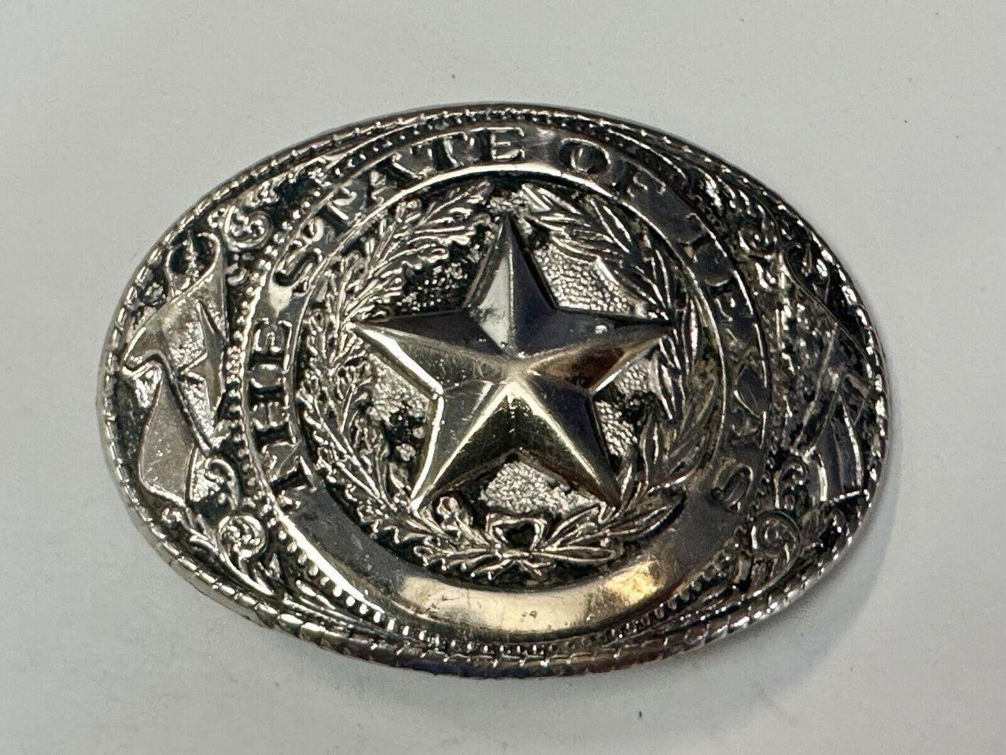 The Great State of Texas Star & Flag Silver color USA made western belt buckle