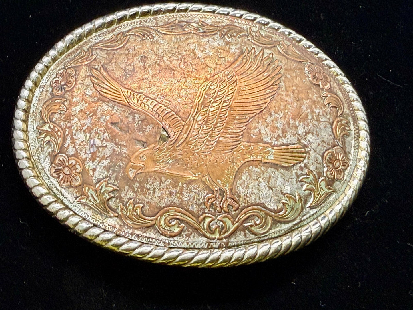 American Bald Flying Eagle Flower Swirl Ornate Brown Color Belt Buckle W USA