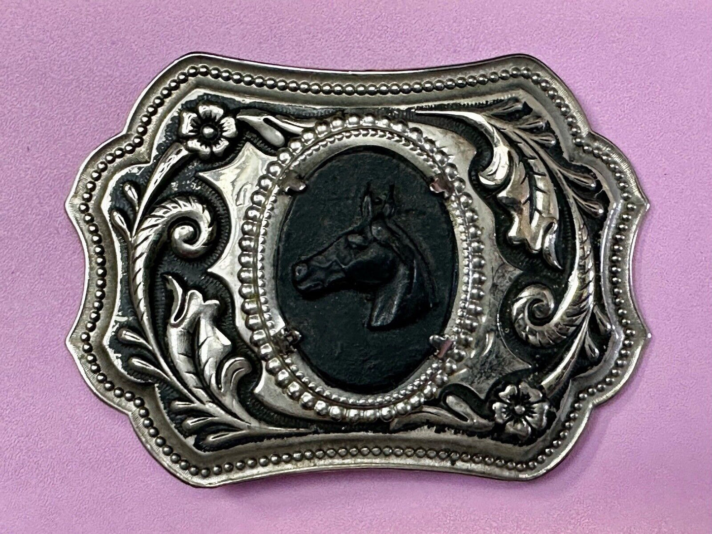 Black Horse Head Cabochon Cab Shaped Centerpiece on Western Belt Buckle