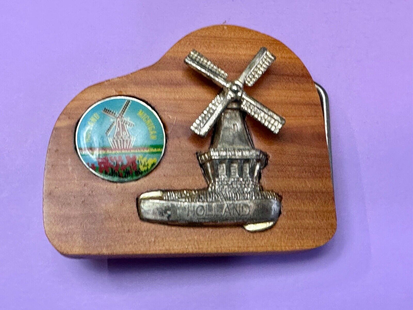 Vintage Artisan Inlaid Holland Michigan Pin and windmill Into wooden Belt Buckle