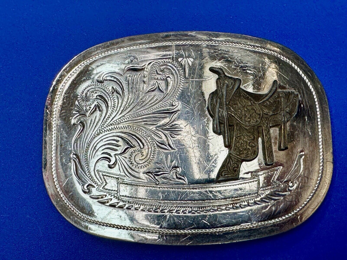 Vintage Cowboy Horse Saddle western belt buckle - blank award ribbon