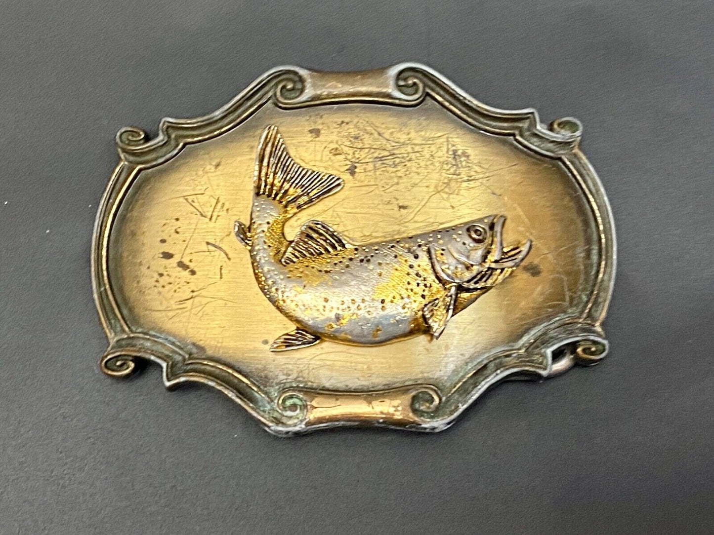 Vintage 1980 Rainbow Trout Belt Buckle 3-D Raintree Fish/Gold Tone W Scroll Edge