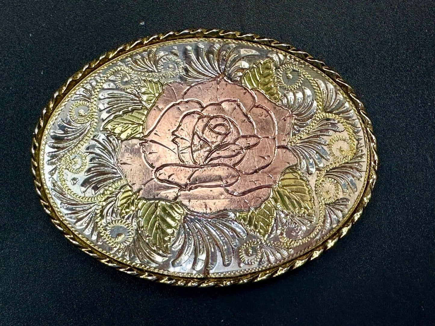 Beautiful Rose - Vintage mixed metal Western flower swirl theme Belt Buckle - W