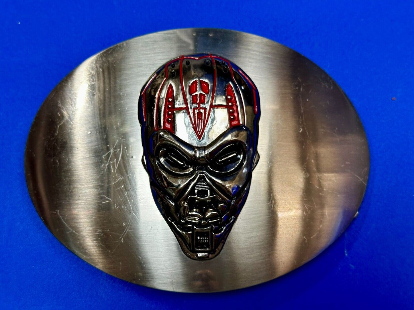 Terminator Skull Head Gothic Vibe Silver Tone Biker HUGE oval Belt Buckle