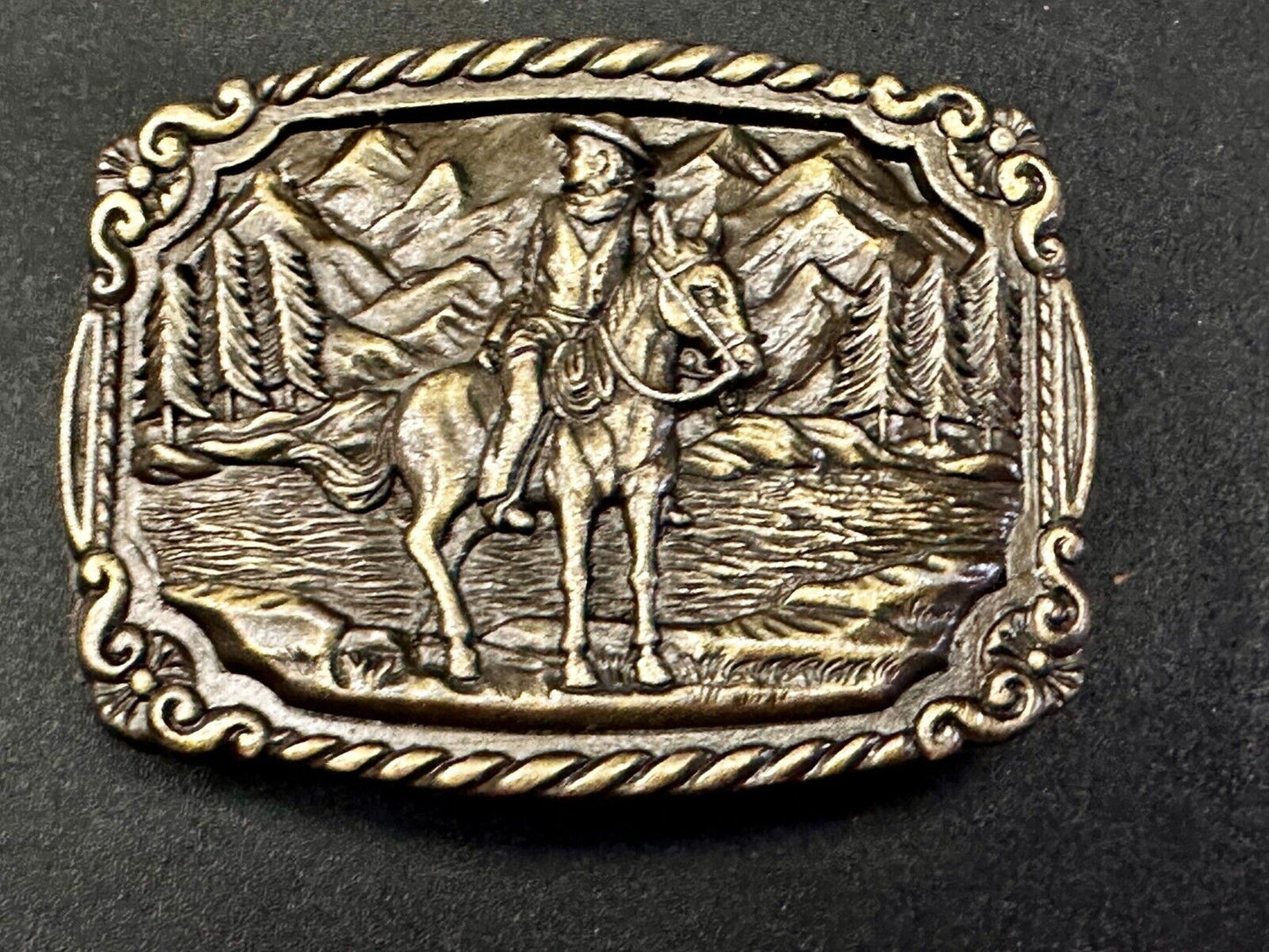 Tall in the Saddle Cowboy Horse Western Vintage Belt Buckle W/ Rope Boarder