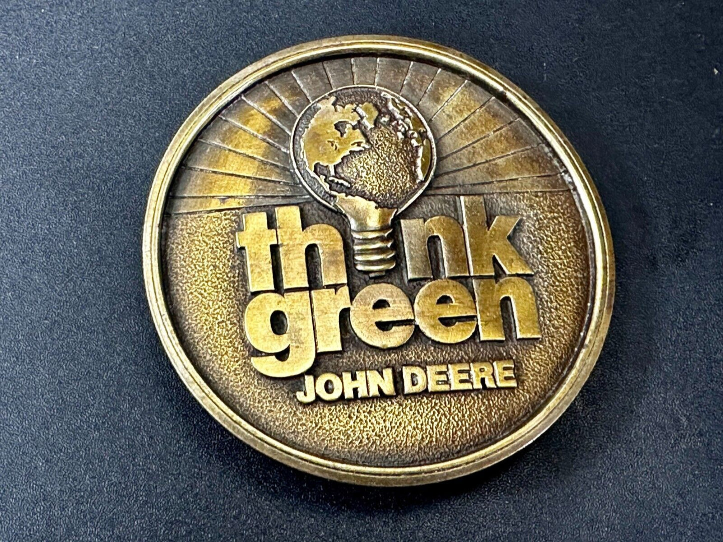 THINK GREEN - John Deere Farm Tractors Vintage Brass Tone Round Belt Buckle