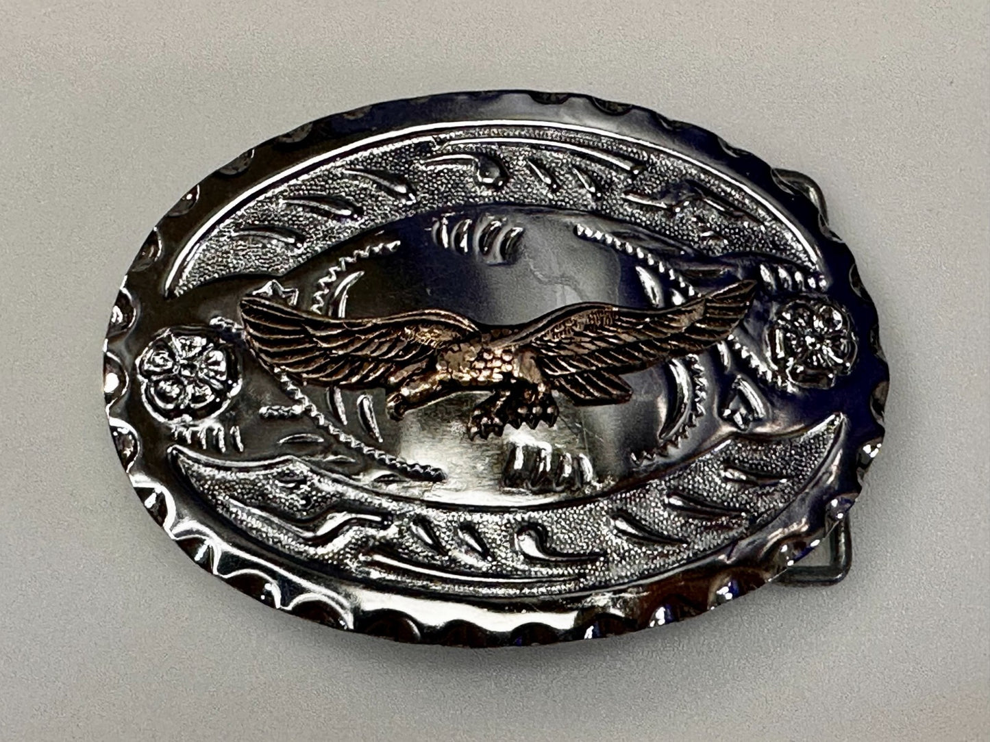 Bald Eagle Flying Hunting Diving American Two Tone Ornate Western Belt Buckle