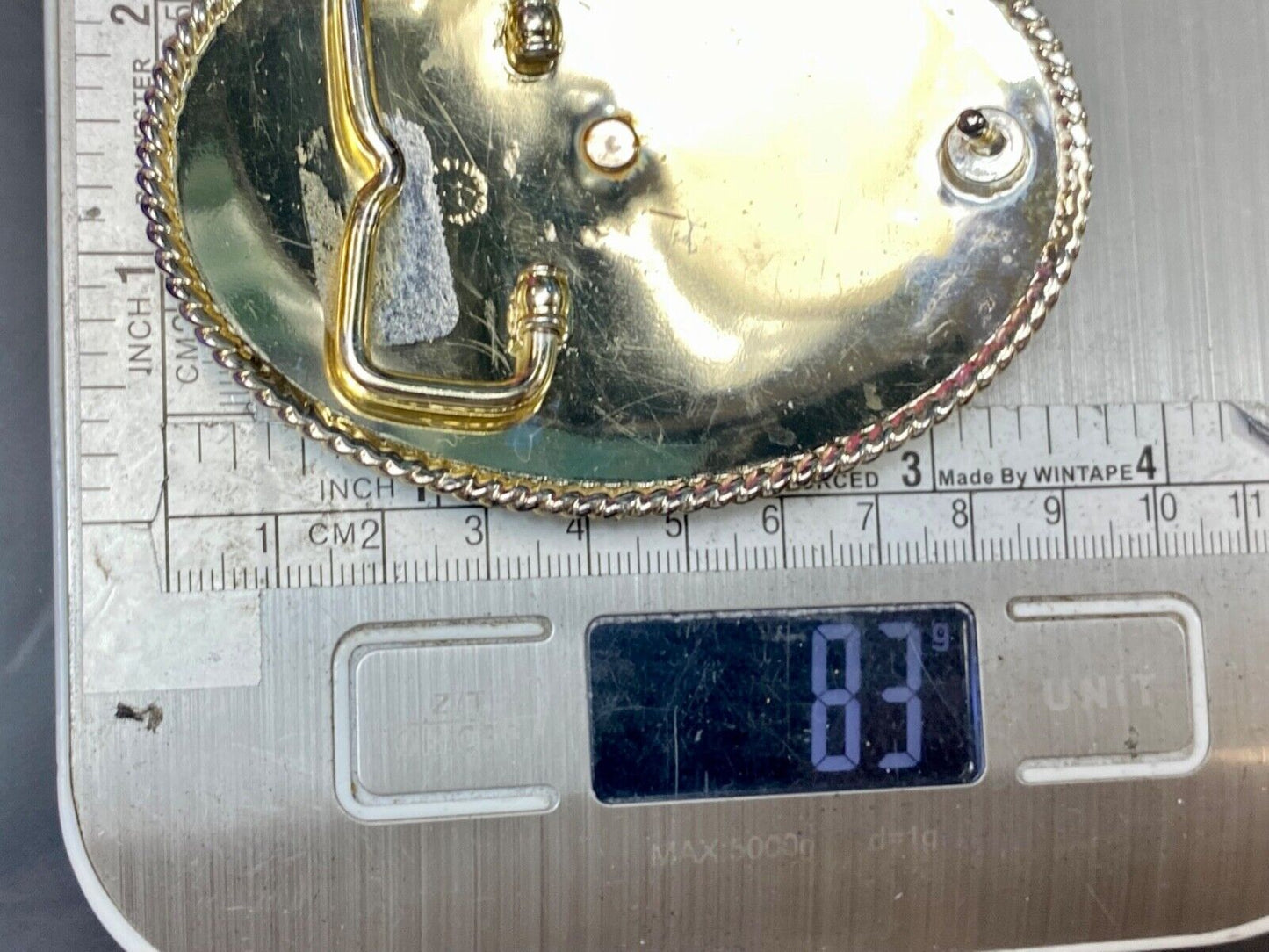 Three Horse heads silver tone? western belt buckle from Mexico- engraved ribbon