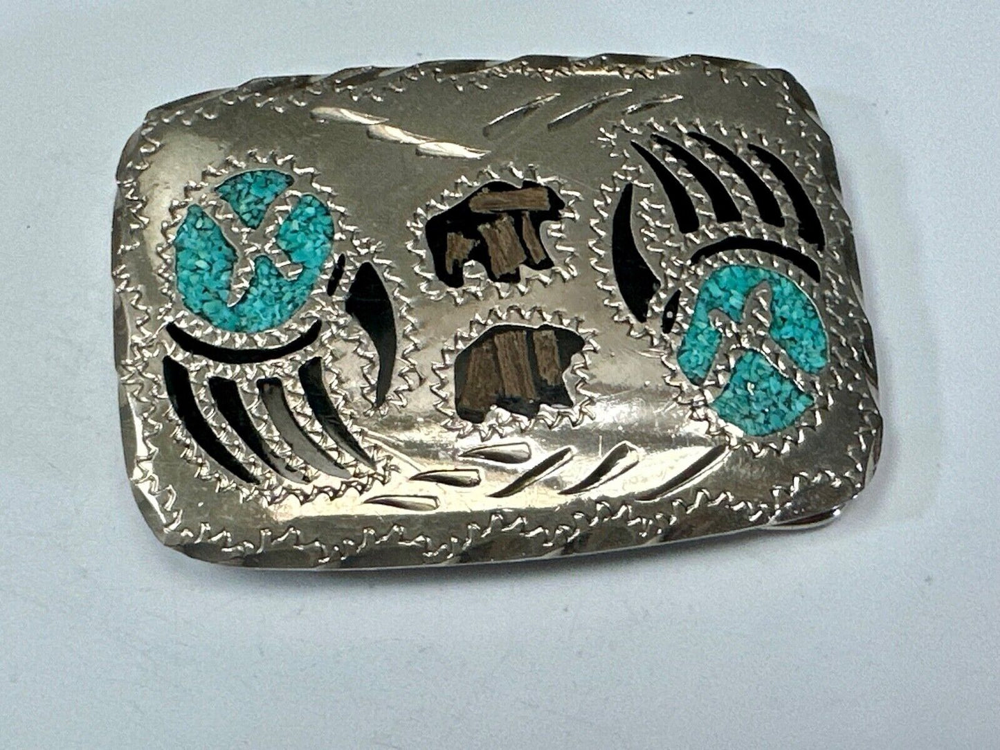Bear - Paw Figure vintage inlaid turquoise chip & black Enamel belt buckle