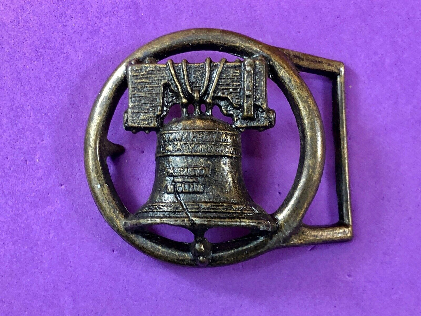 Vintage Figural Cut out Round Skeleton Liberty Bell Belt Buckle