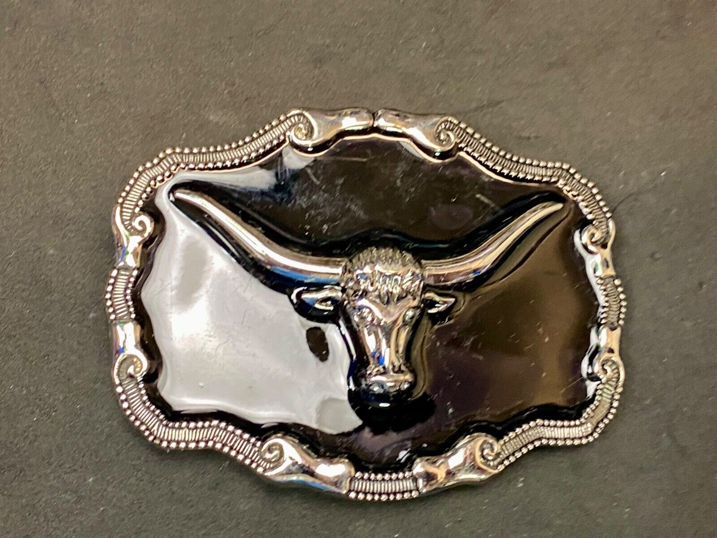 Black And Silver Color Texas Longhorn Bull Steer Western Framed Belt Buckle