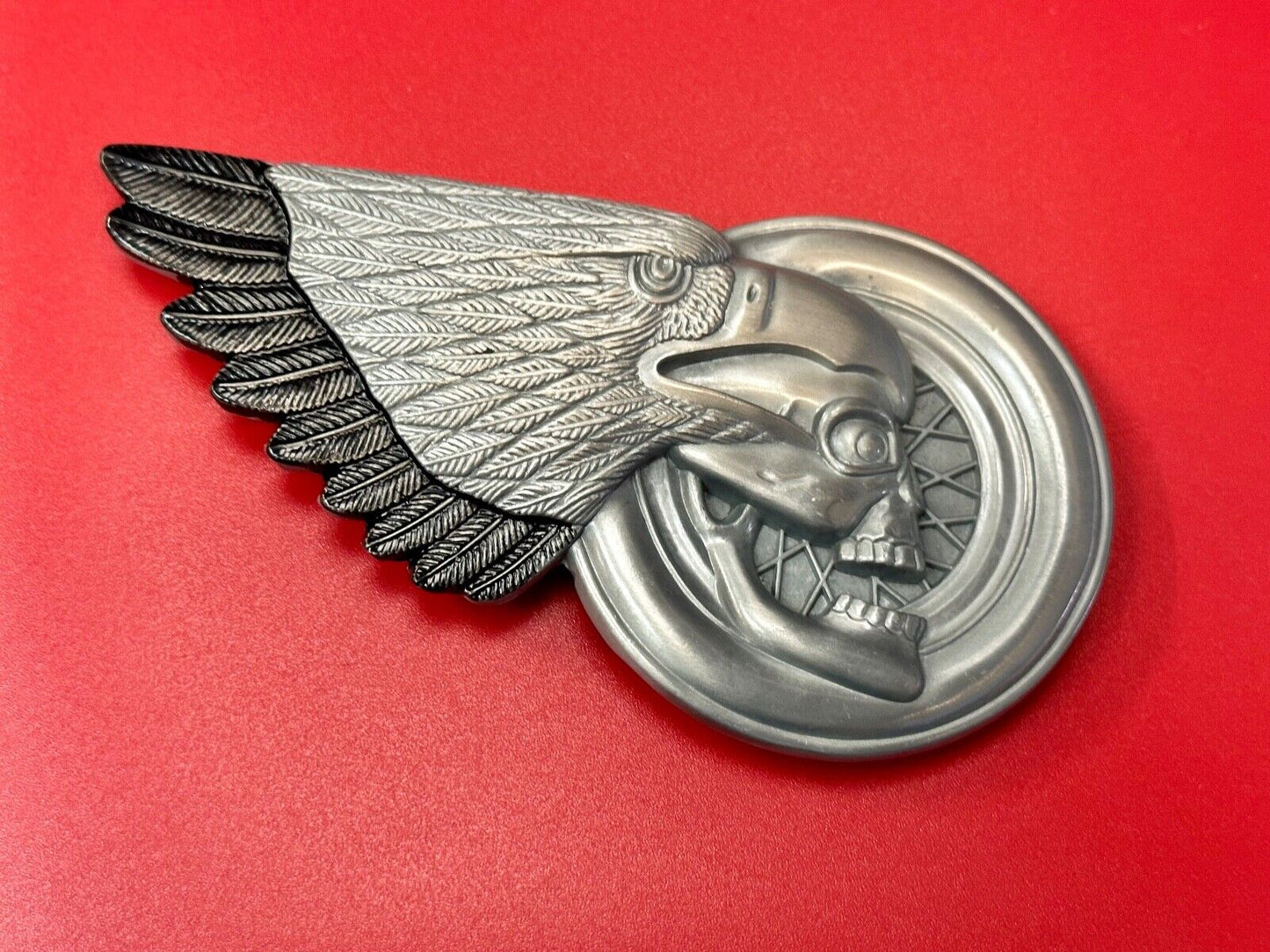 Bikers Skull with Eagle Wing and Motorcycle Wheel figural belt buckle