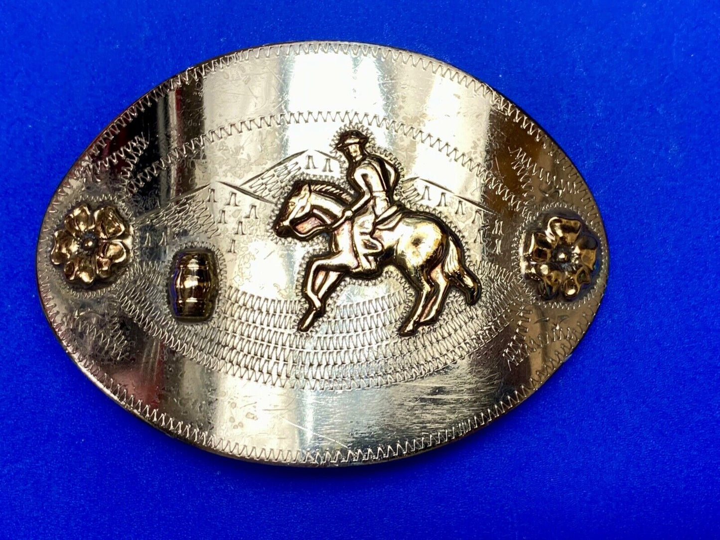 Barrel Horse Rider, Nickel Silver Belt Buckle W/ Bronze Trim by Don Ricardo