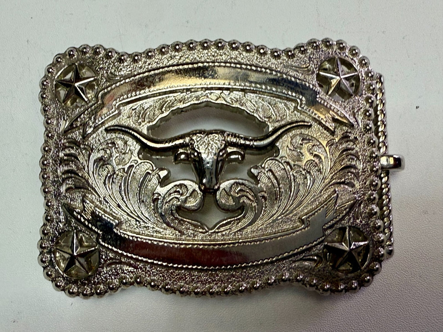 Texas Longhorn Cutout See Through Silver Tone Belt Buckle W/ Stars Award Ribbon
