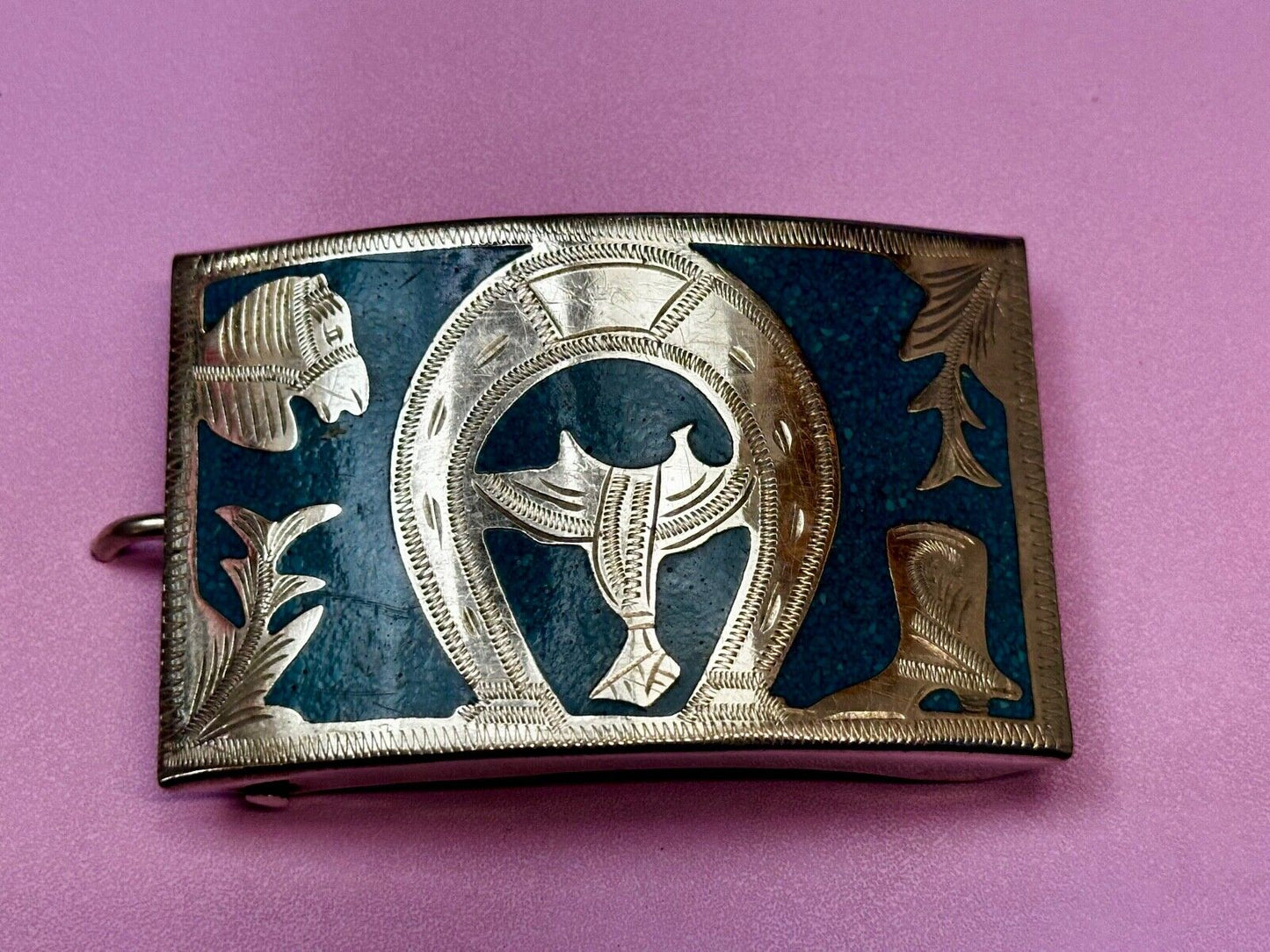 Turquoise Inlaid Western Horse Cowboy Horseshoe Belt Buckle Stamped Alpaca