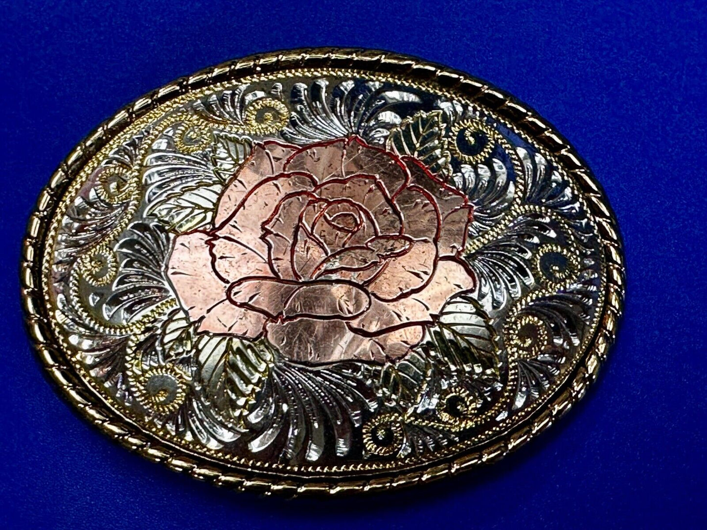 Beautiful Rose Small Etched Flower Swirl Design Vintage Belt Buckle W USA Made