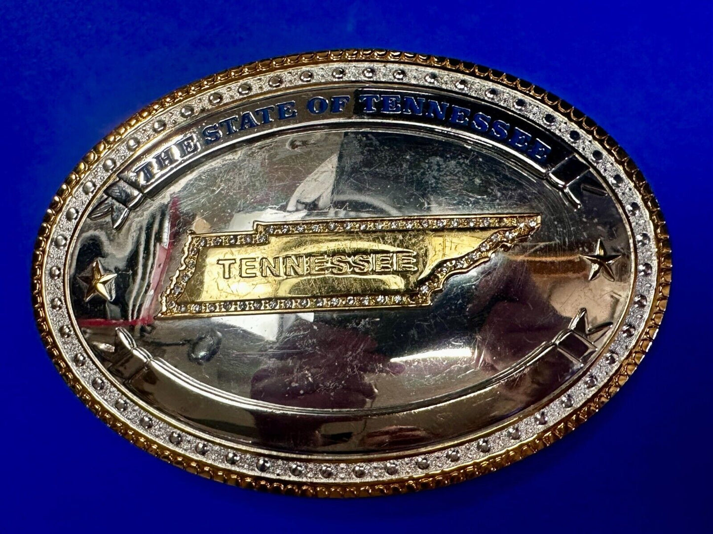The State of Tennessee with Rhinestone Accents Two Tone Large Belt Buckle by ATI