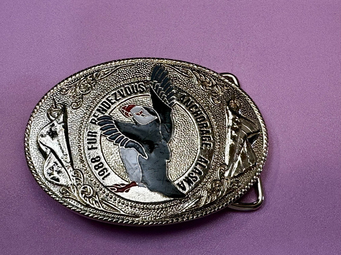 1988 Fur Rendezvous Anchorage Alaska Flag Bald Eagle Commemorative Belt Buckle