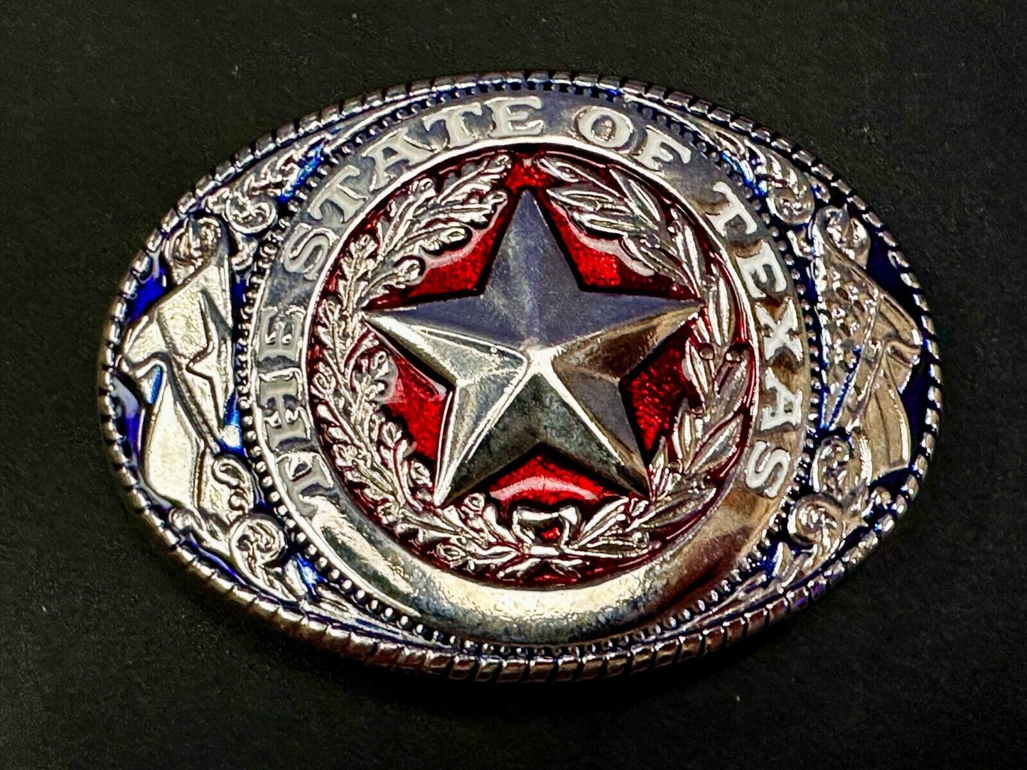 The Great State of Texas - Flag & Star Vtg. Red Blue & Black Color Belt Buckle