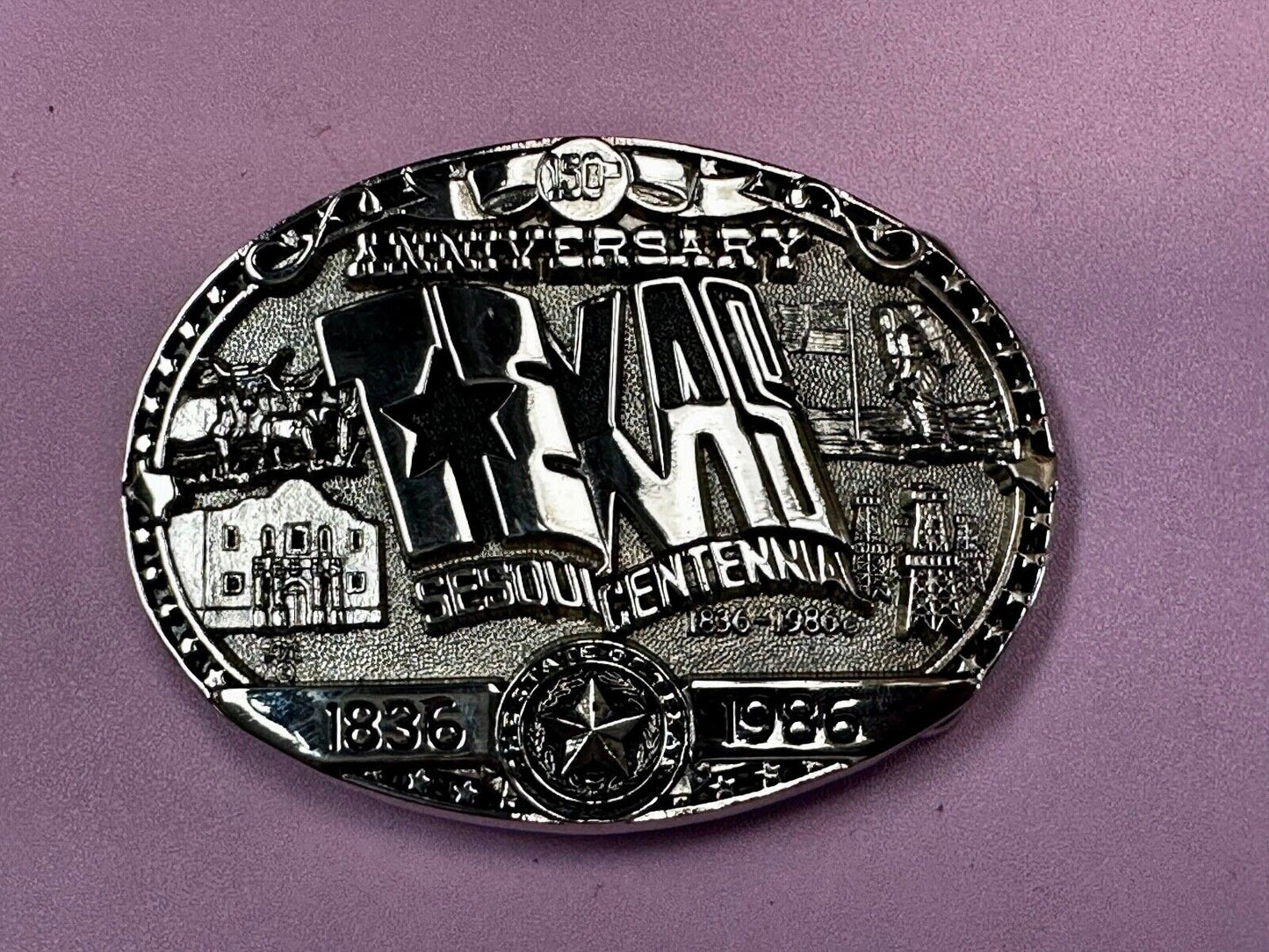 Texas Official 1986 Sesquicentennial ADM Belt Buckle - Oil rig, Alamo Lone Star