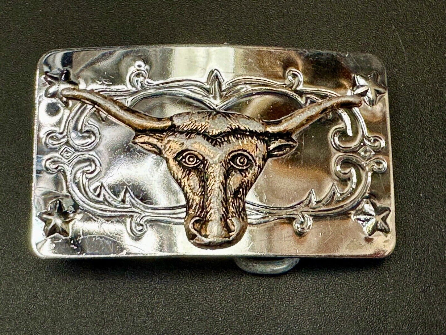 Texas Longhorn Cow Steer on Vintage two tone reflective western Belt Buckle