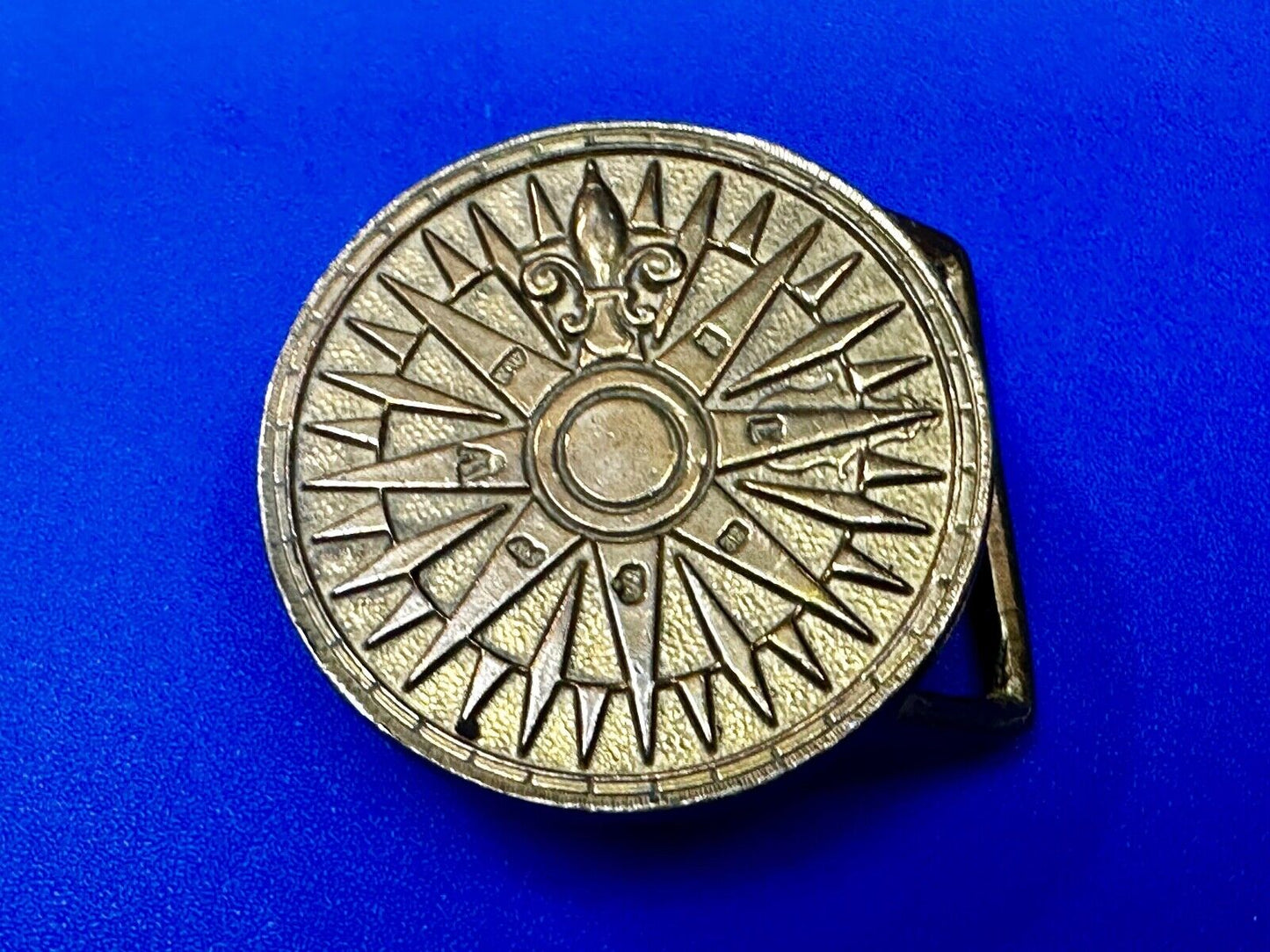 Artist Signed Fleur De Lis Compass Sun Dial Hippie Boho Solid Brass Belt Buckle