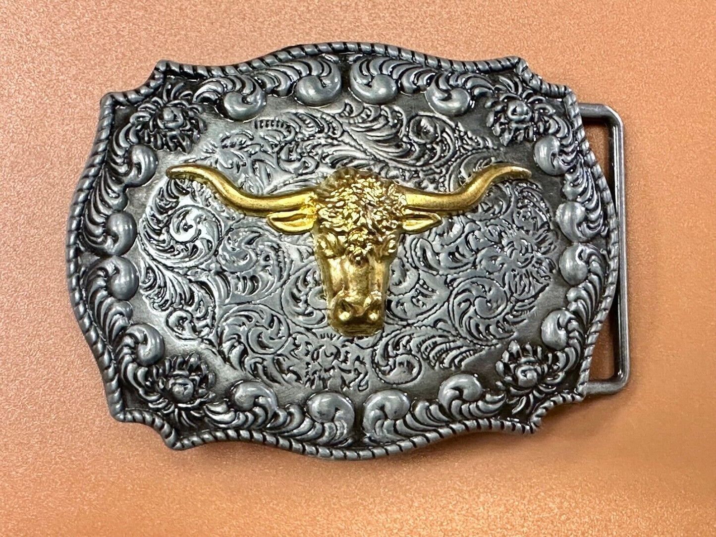 The Longhorn cow steer - cowboys cowgirls western raised two tone belt buckle