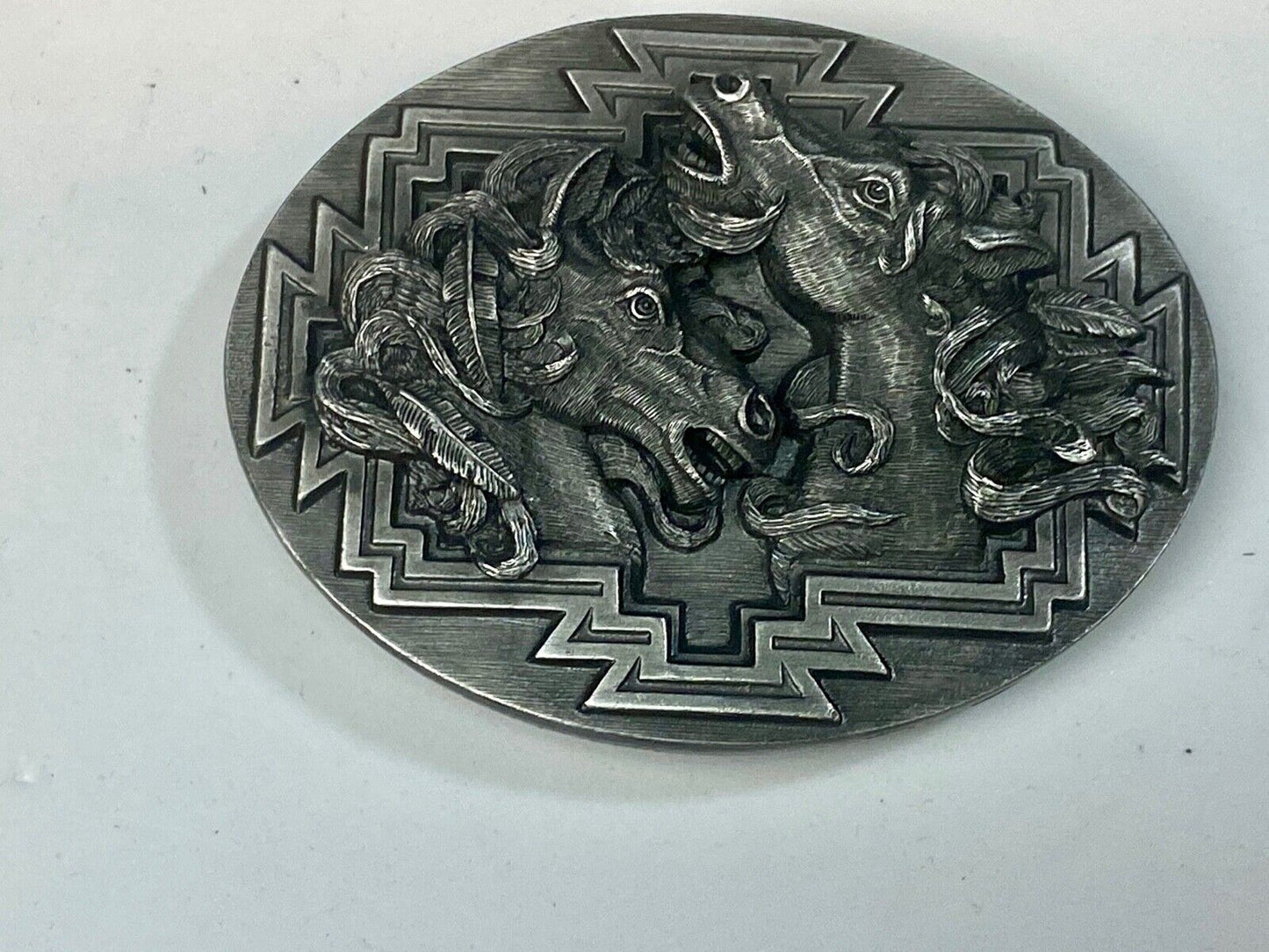 1995 Two Horse Head's Native American Indian Feather Bergamot B-256 belt buckle