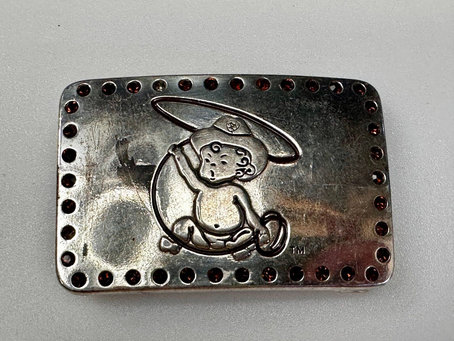 Baby Cowboy Roping Red Rhinestone Border Western Framed Ariat Belt Buckle