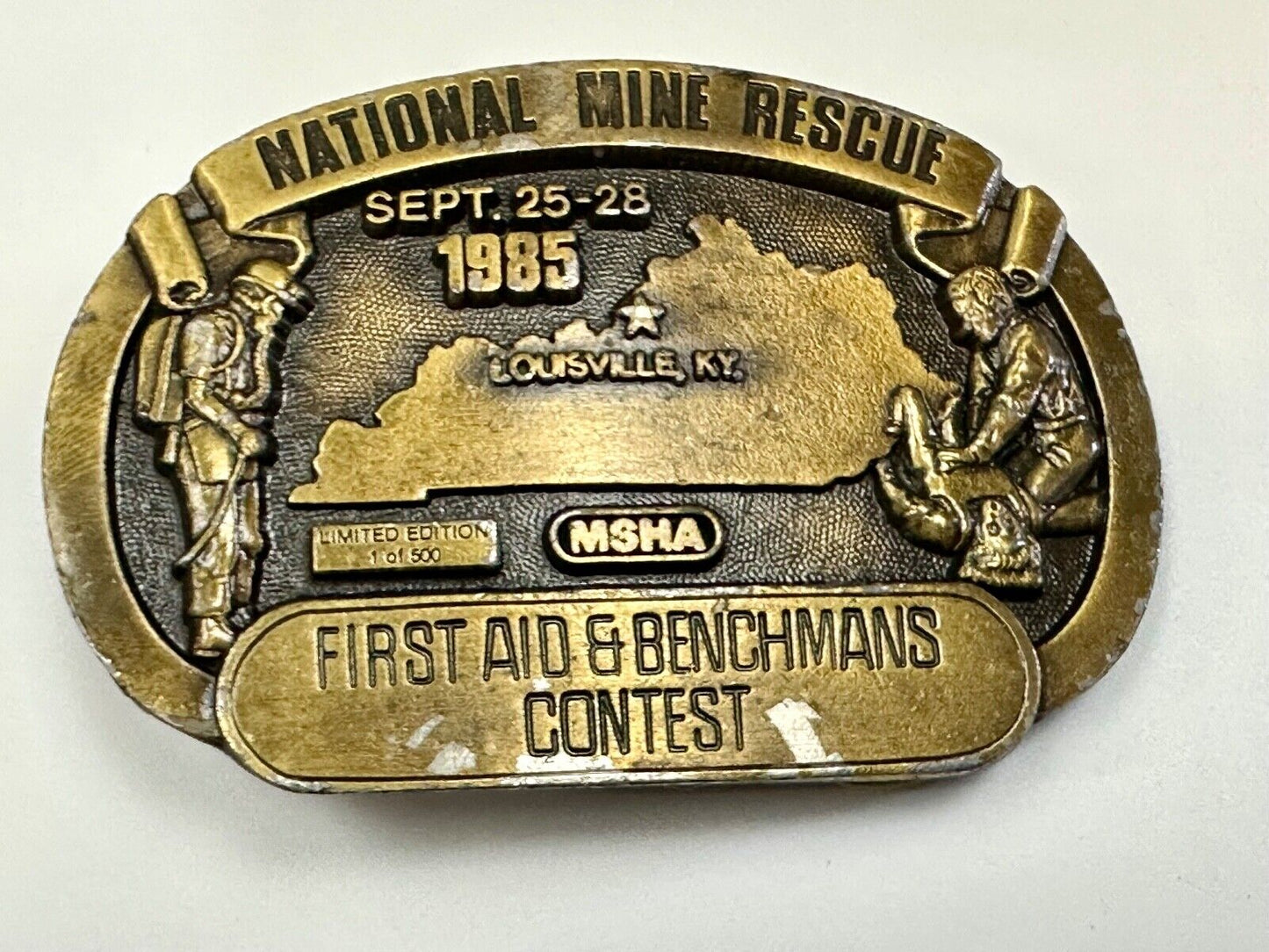 1985 National Mine Rescue Louisville KY MSHA First Aid contest belt buckle