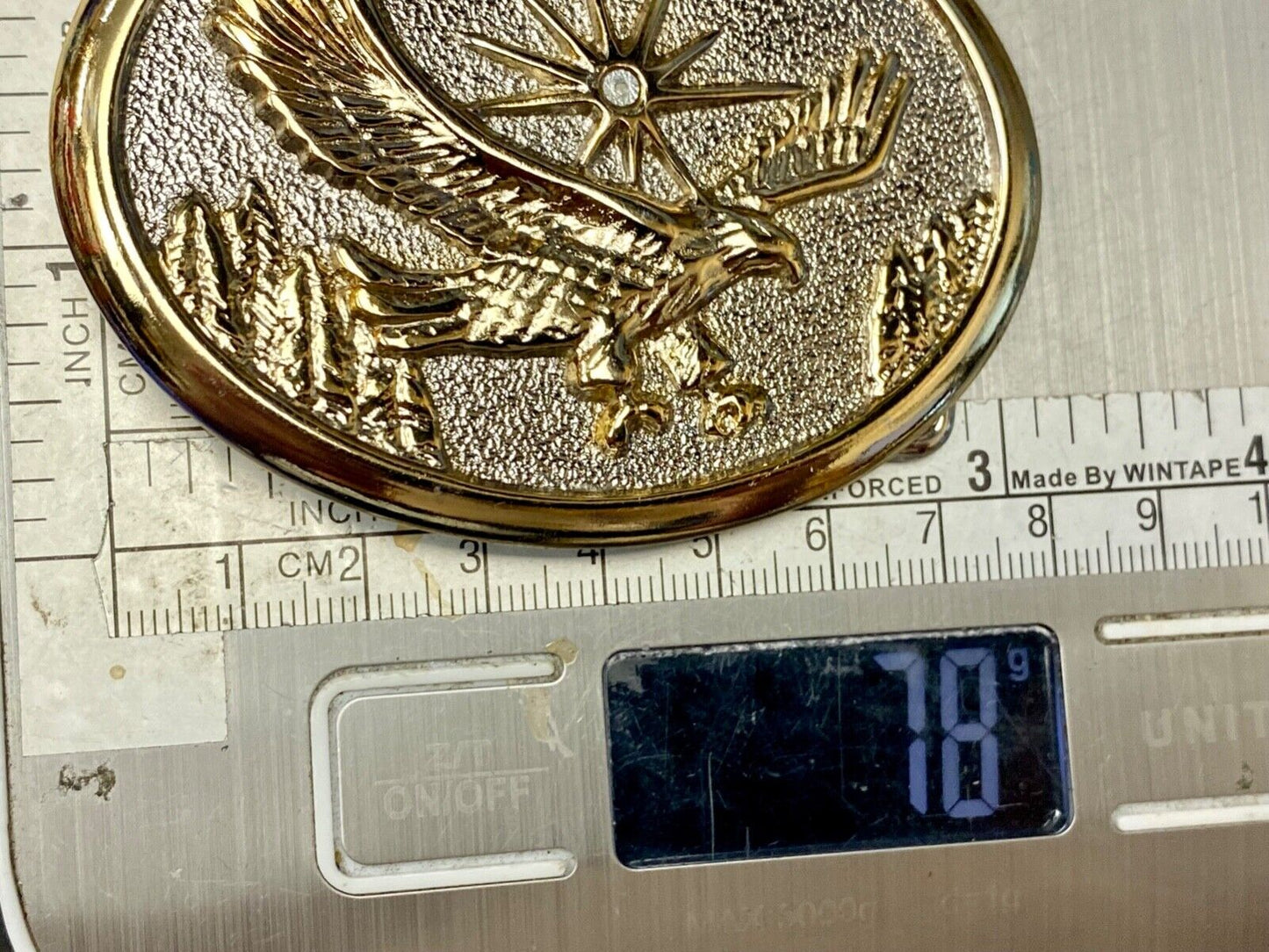 Vintage Eagle Flying Over Mountains W/ Sunburst two tone oval belt buckle