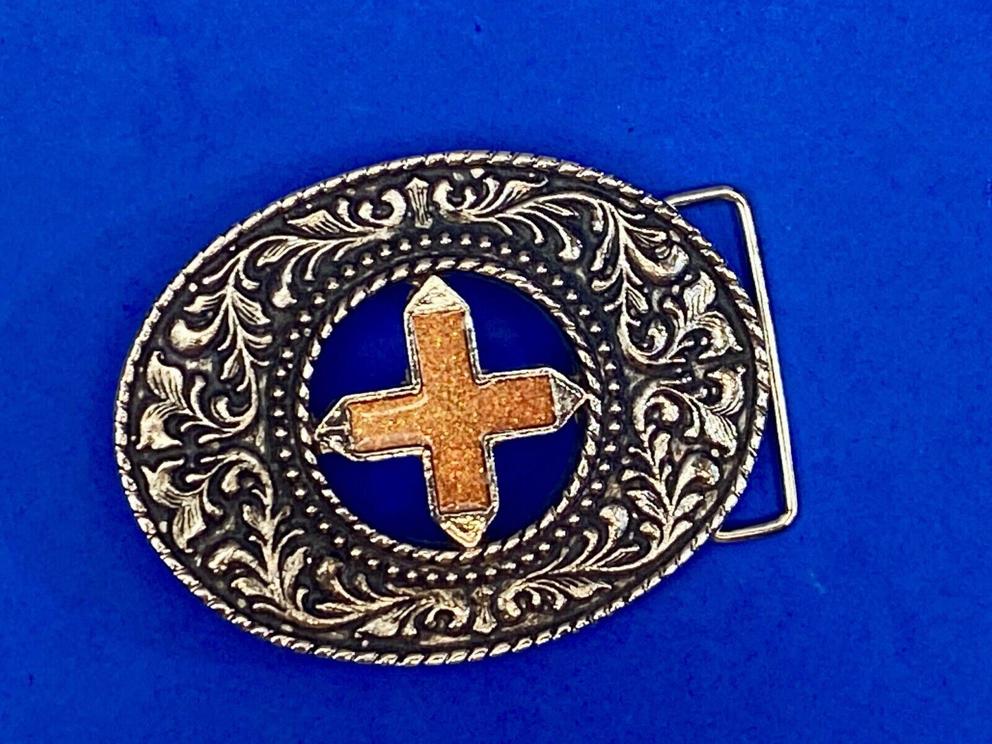 Beautiful See Through Cross Centered In Western Flower Swirl Metal Belt Buckle