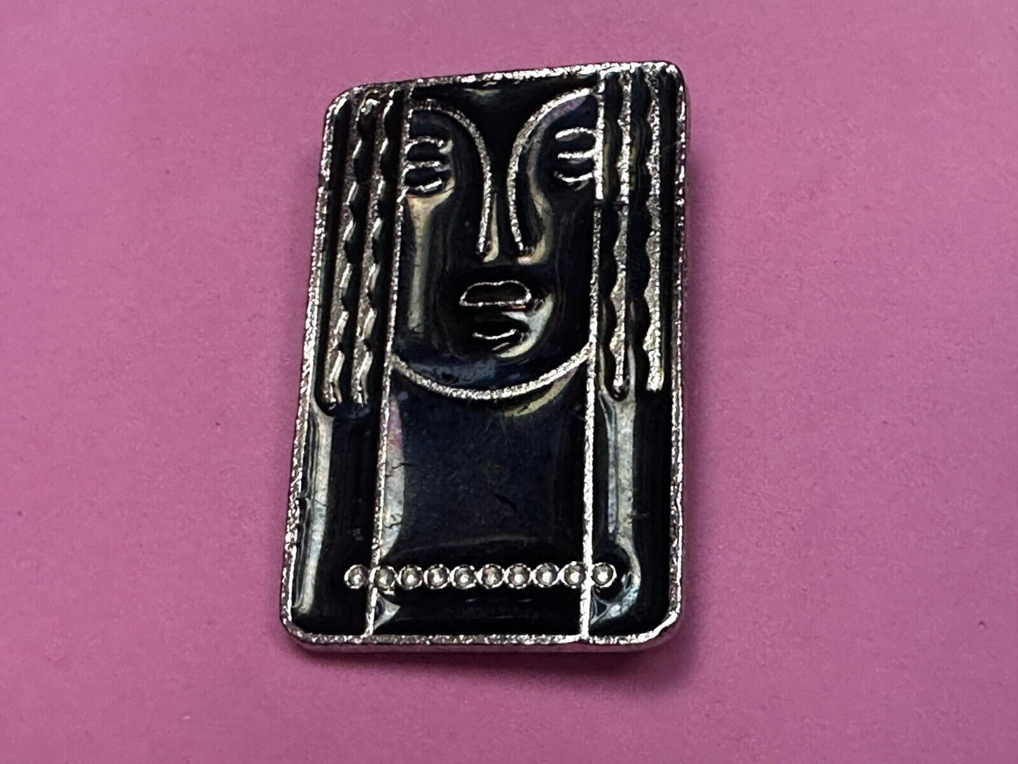 Art Deco Revival Brooch Pendant Pin Signed Ritz - Black Enamel Pewter Face