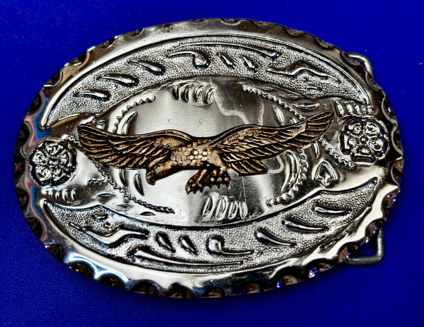 Bald Eagle Flying Hunting Diving American Two Tone Ornate Western Belt Buckle
