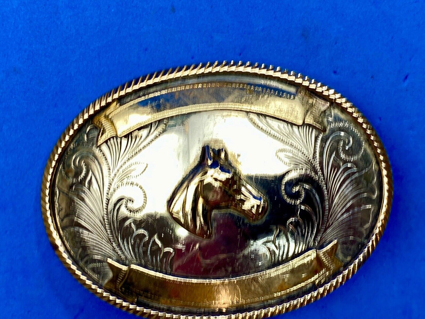 Beautiful Belt Buckle - Horse head bust made of German Silver with award scroll