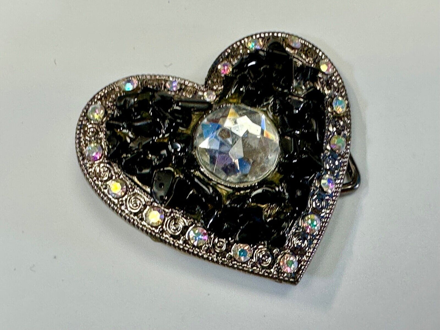Black Chunky HEART clear rhinestone boarder large Clear centerpiece belt buckle
