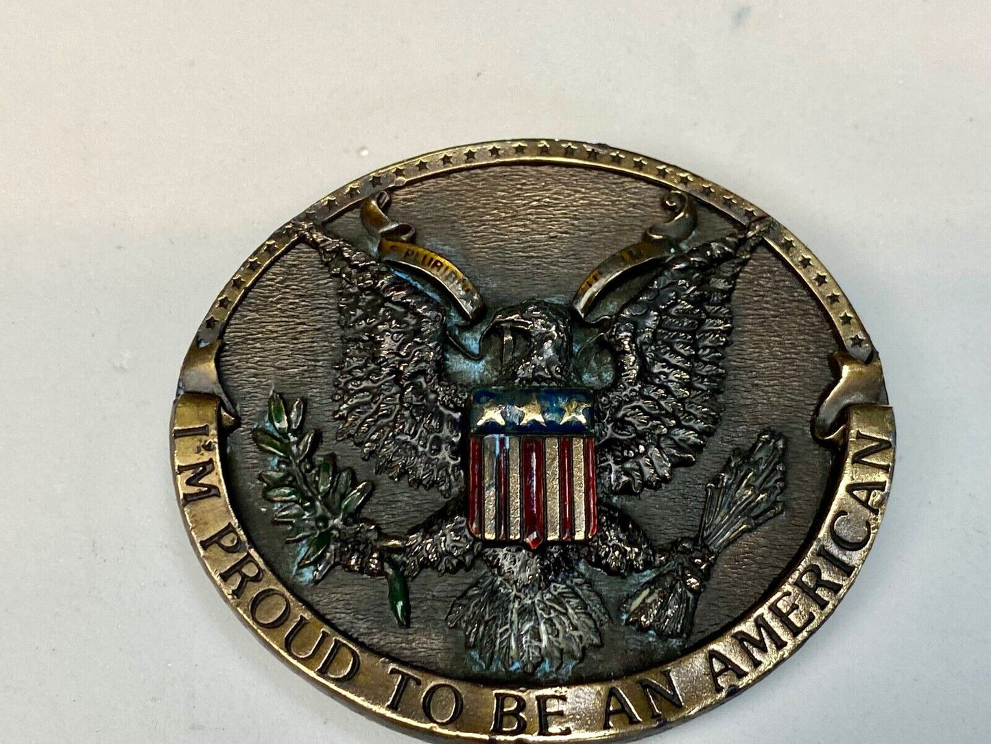 Vintage 1981 Im proud to be an American belt buckle by Bergamot Eagle and Crest