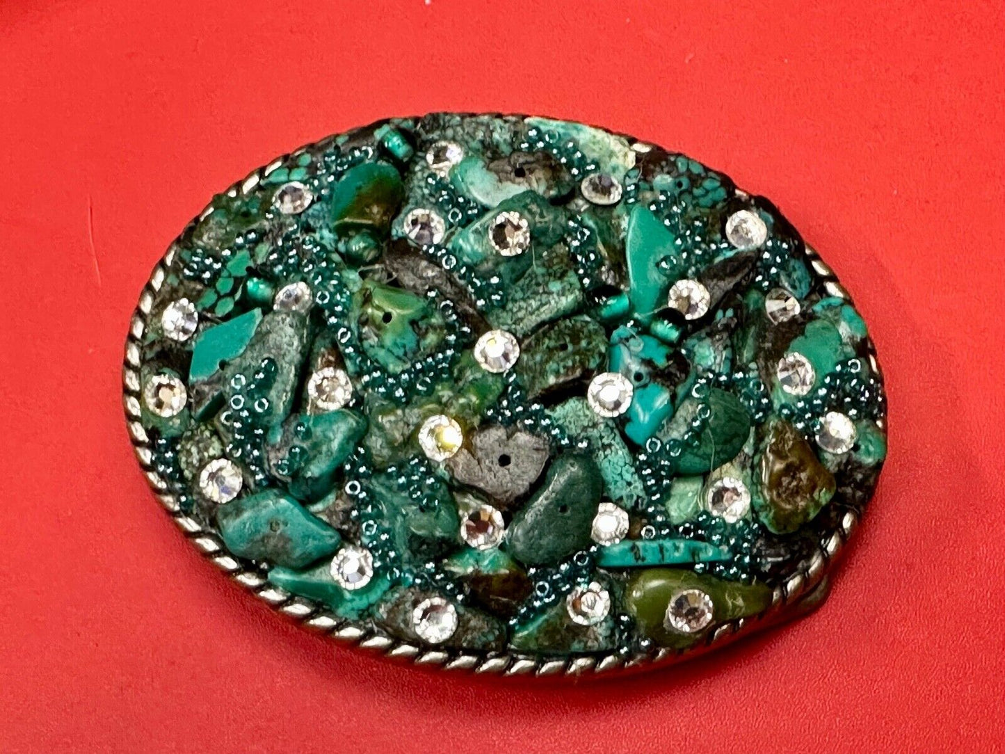 Artisan Chunky shades of Green and clear rhinestone mixed material belt buckle