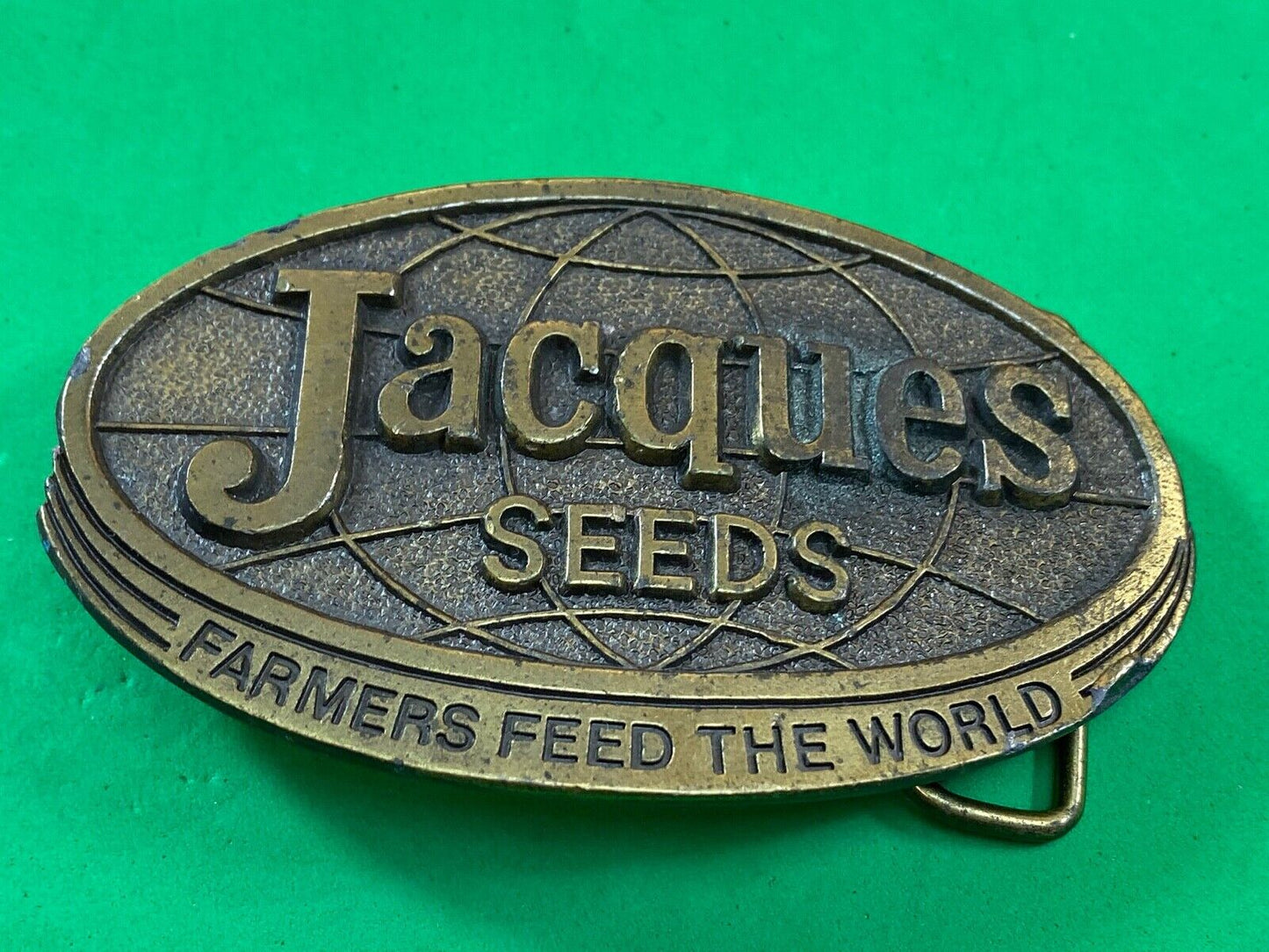 Vintage 1977 Jacques Seeds belt buckle - Farmers feed the world by lewis