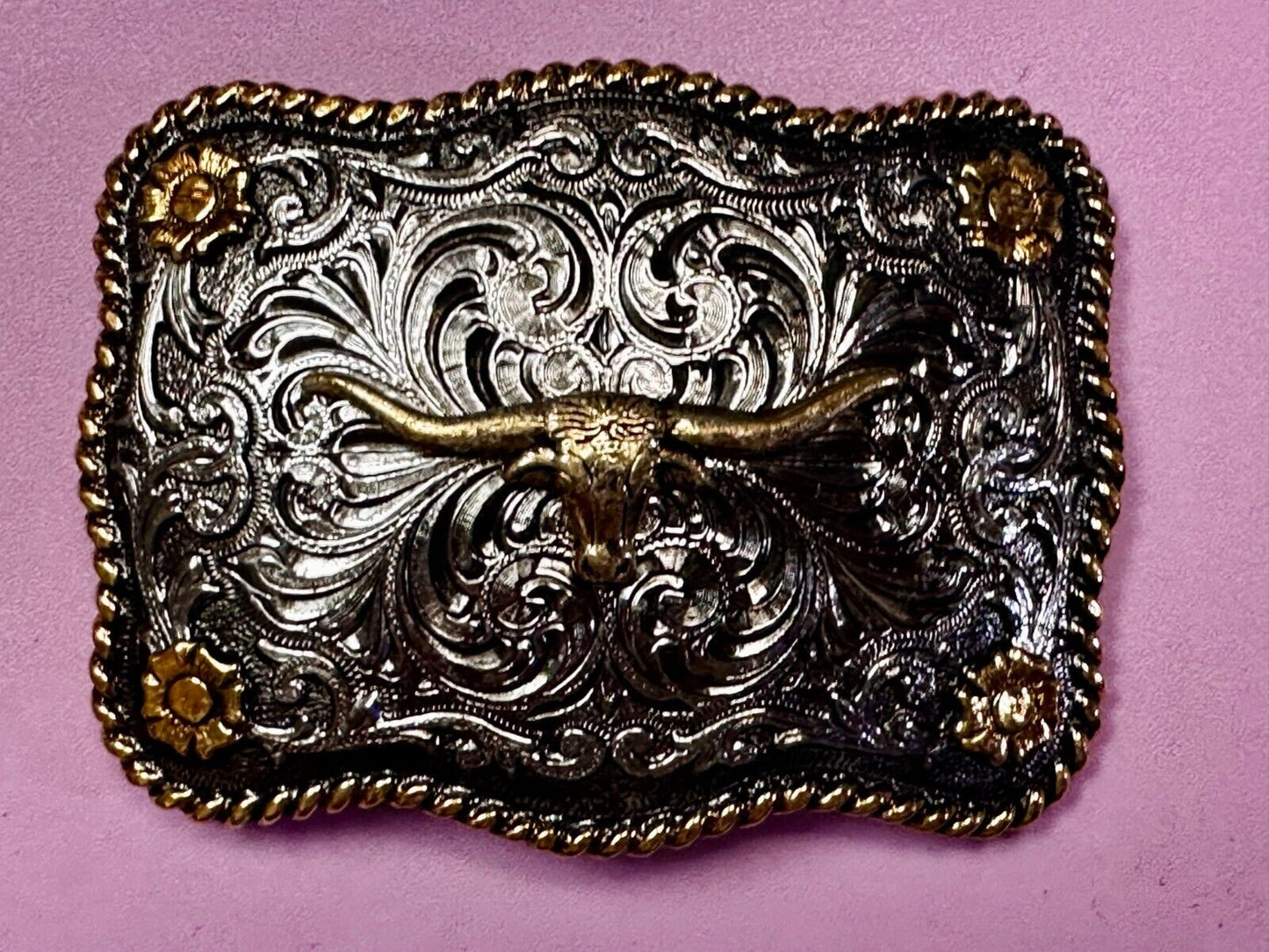 Texas Longhorn Centerpiece Two Tone Ornate Floral Themed Belt Buckle