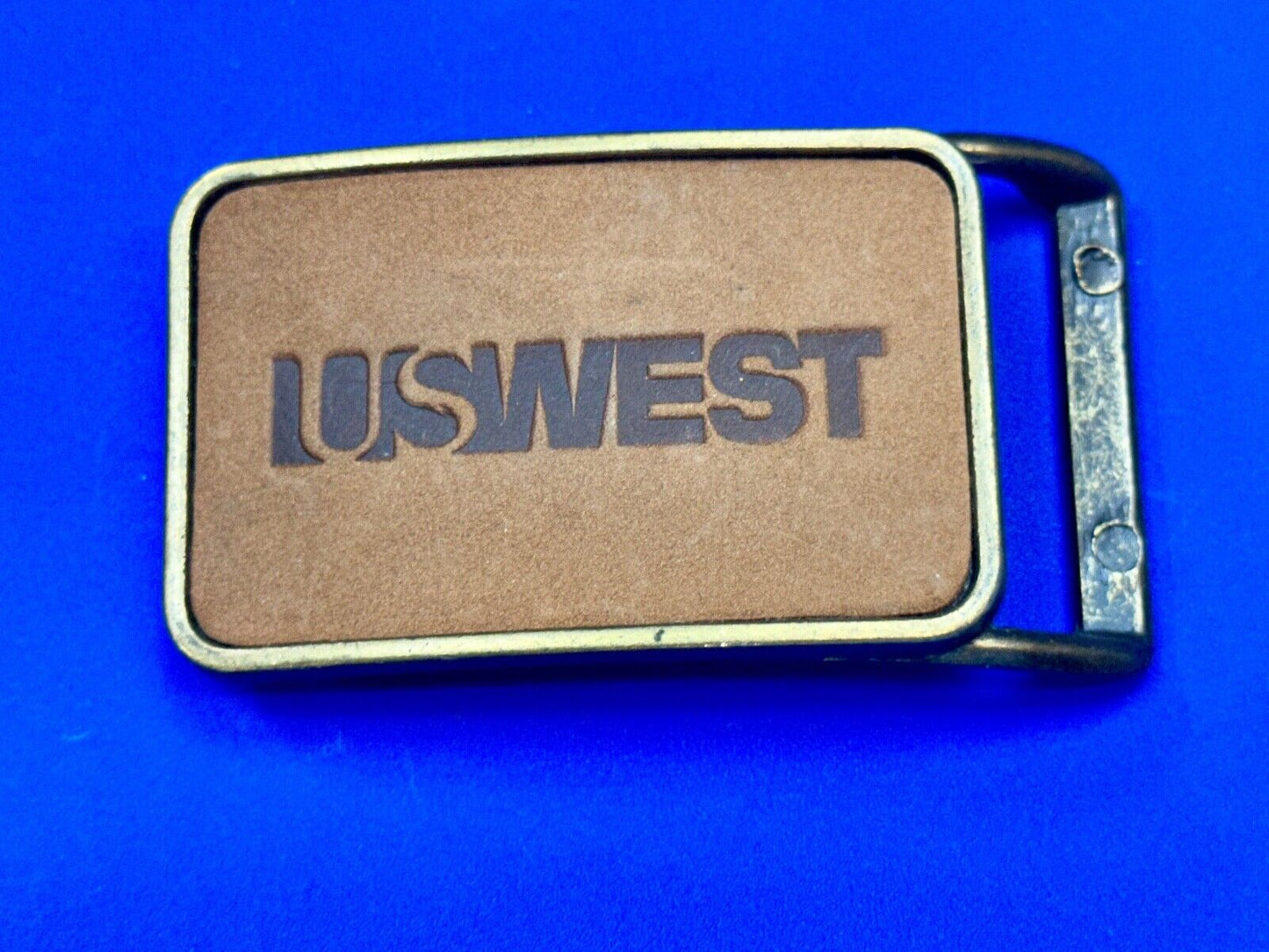 US WEST Telephone Service Company Promo Vintage Leather & Brass Tone Belt Buckle
