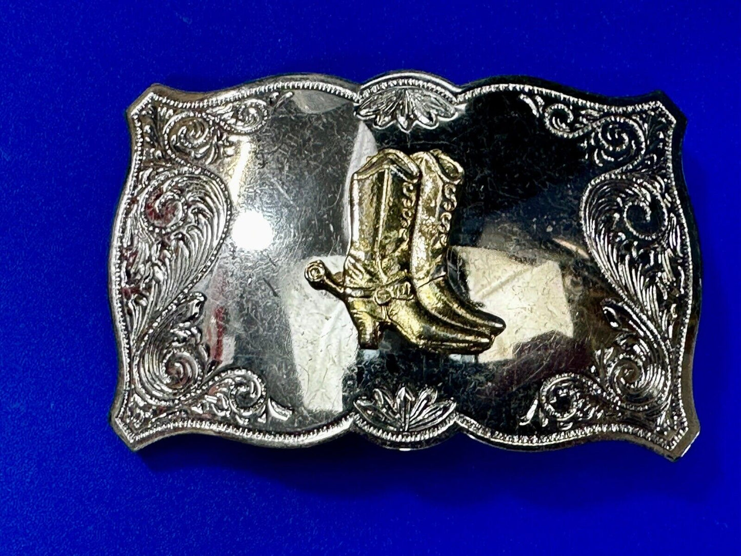 Vintage Cowboy Boots Engraved Swirl Border Two Tone Western Style Belt Buckle
