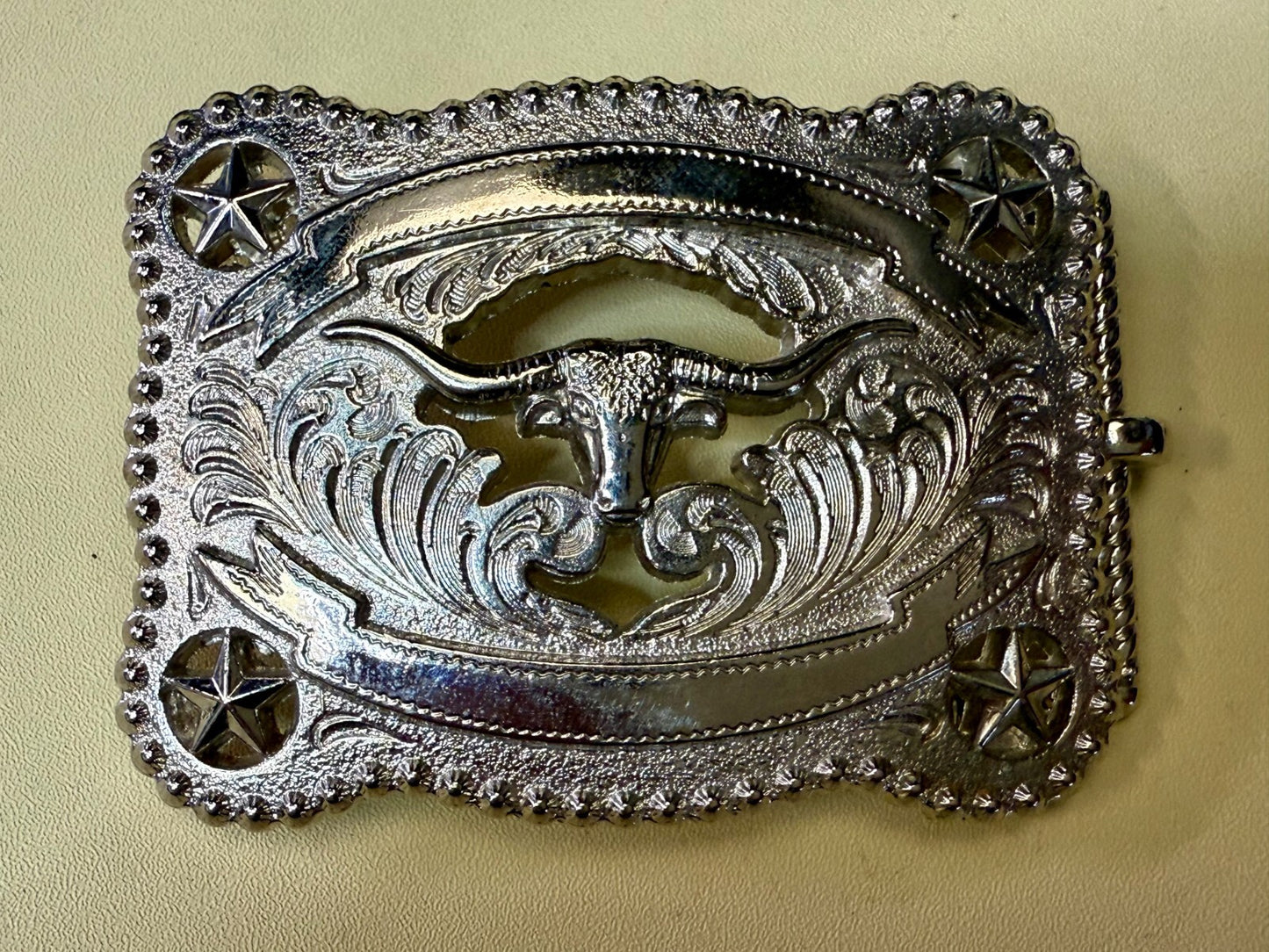 Texas Longhorn Cutout See Through Silver Tone Belt Buckle W/ Stars Award Ribbon